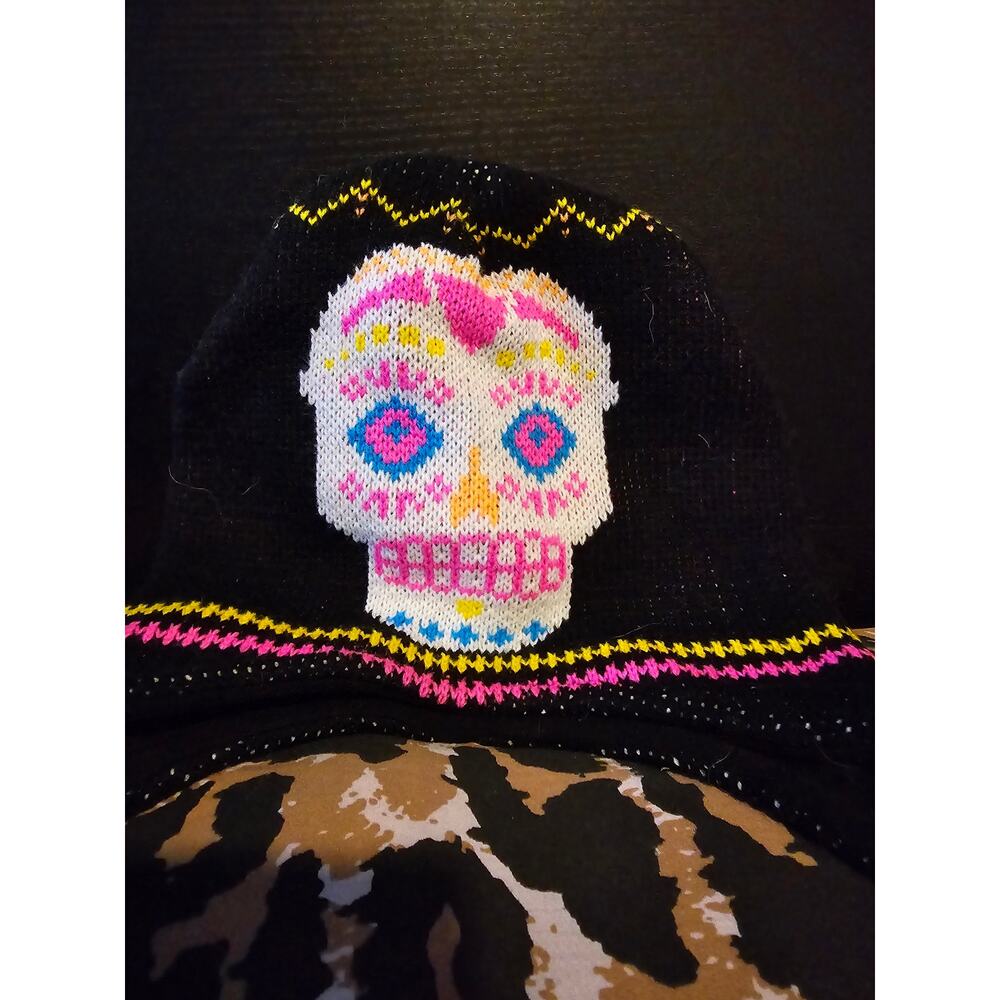 Unbranded sugar skull day of the dead knit beanie with ear flaps one size